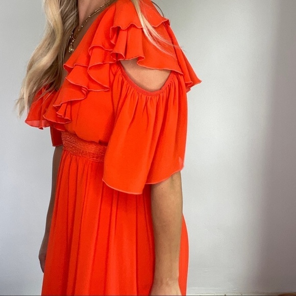 Three Floor Orange Red Ruffle Dress - Picture 6 of 10